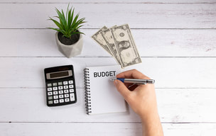 Image of hand writing in a budget notebook with cash, a plant and a calculator on the table.